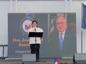 On 31 May 2025, Minister and Consul General Donna M. Rodriguez delivers a message on behalf of Philippine Ambassador to the United States Jose Manuel G. Romualdez, underscoring the celebration of Filipino heritage and community spirit during Asian American Heritage Month at the Fil-Am Spring Fest 2025, Fair Oaks Mall, Fairfax, Virginia.